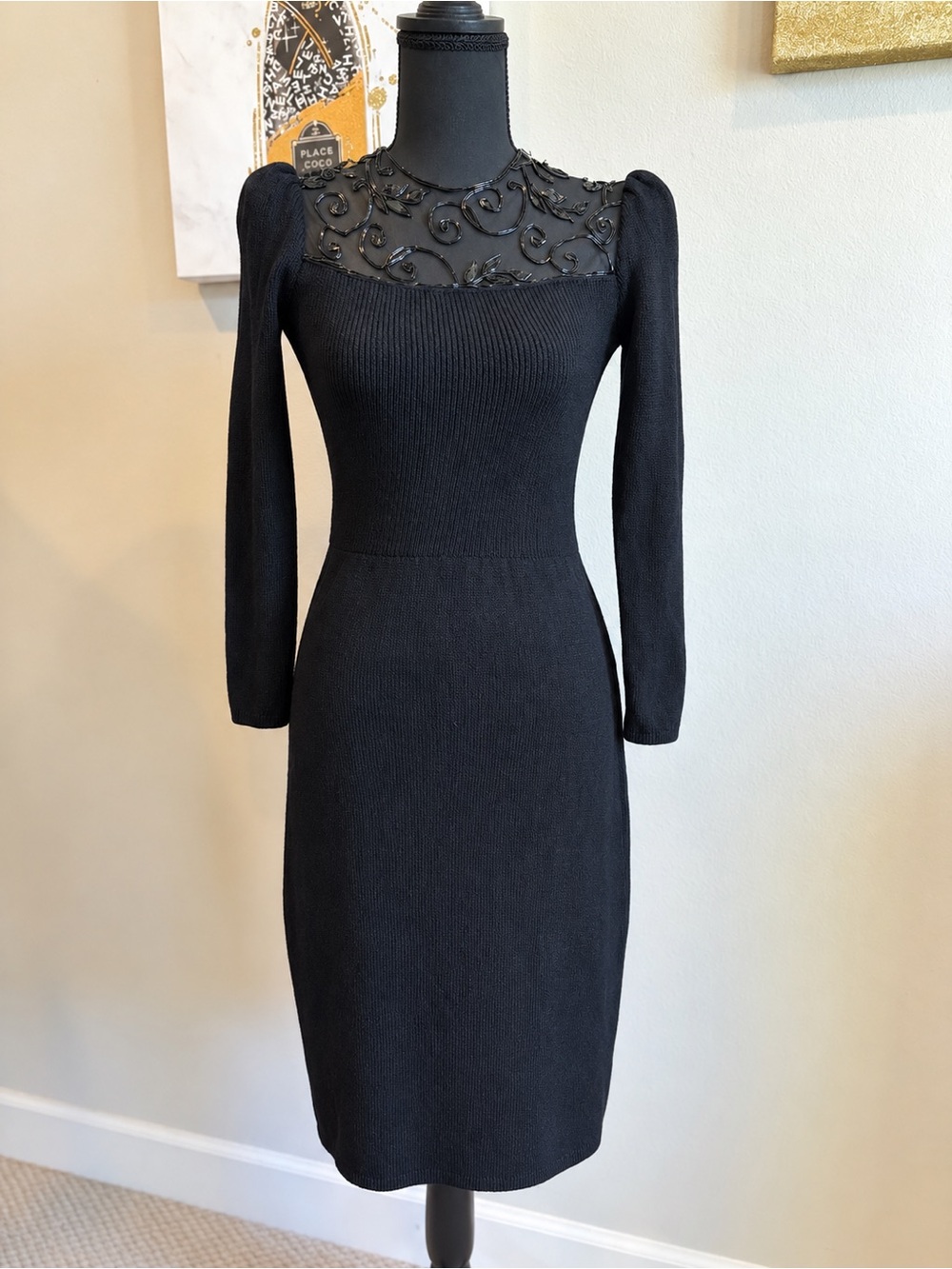 Vintage St. John by Marie Gray Black Beaded Knit Dress Long Sleeve EUC